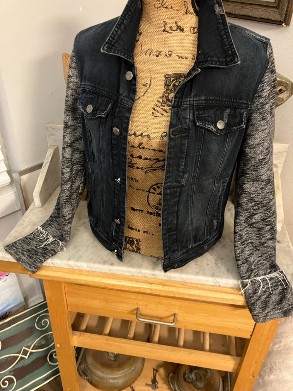 Free People Black Washed DistressedDenim Jacket with Heathered Gray Knit Sleeve!